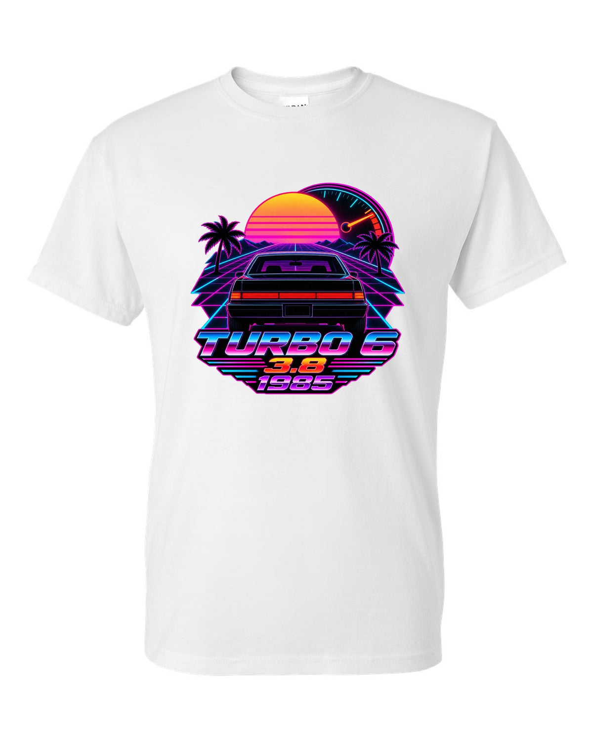 1985 Buick Regal T-Type rear taillights in a synthwave outrun sunset white t-shirt front view with the design