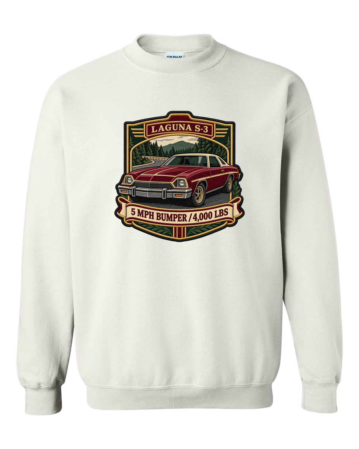 Embroidery patch style crest illustration of a 1973 Chevrolet Chevelle Laguna S-3 white crewneck front view with the design