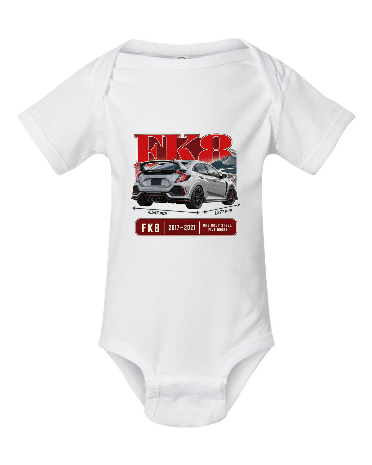 print archive panel of a silver-grey Honda Civic Type R FK8 white baby onesie front view with the design