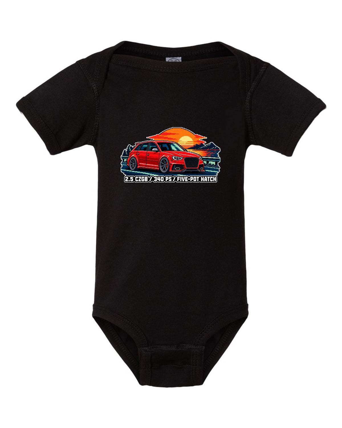 16-bit pixel art print of an Audi RS3 Sportback 8P with 2.5 CZGB text black baby onesie front view with the design