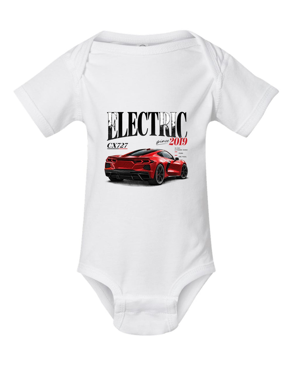Ford Mustang Mach-E CX727 editorial headline print reading Electric Since 2019 white baby onesie front view with the design