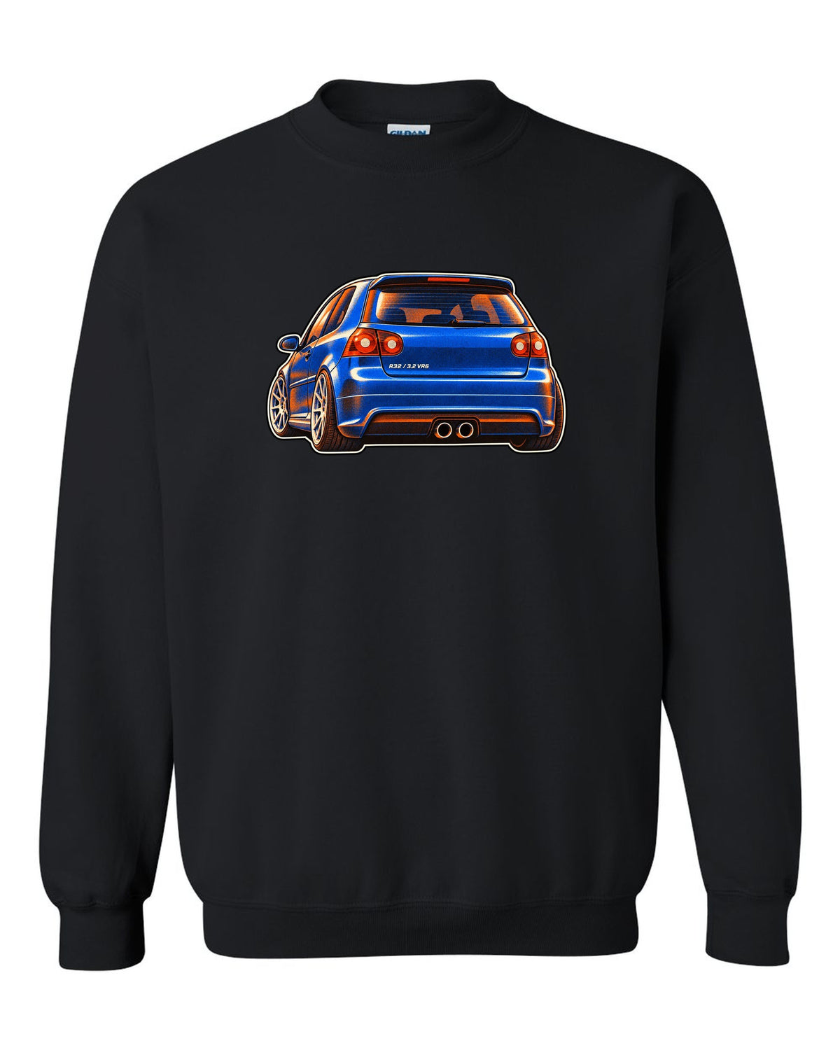 Risograph style print of a VW Golf R32 Mk5 with twin exhaust pipes and 3.2 VR6 text black crewneck front view with the design