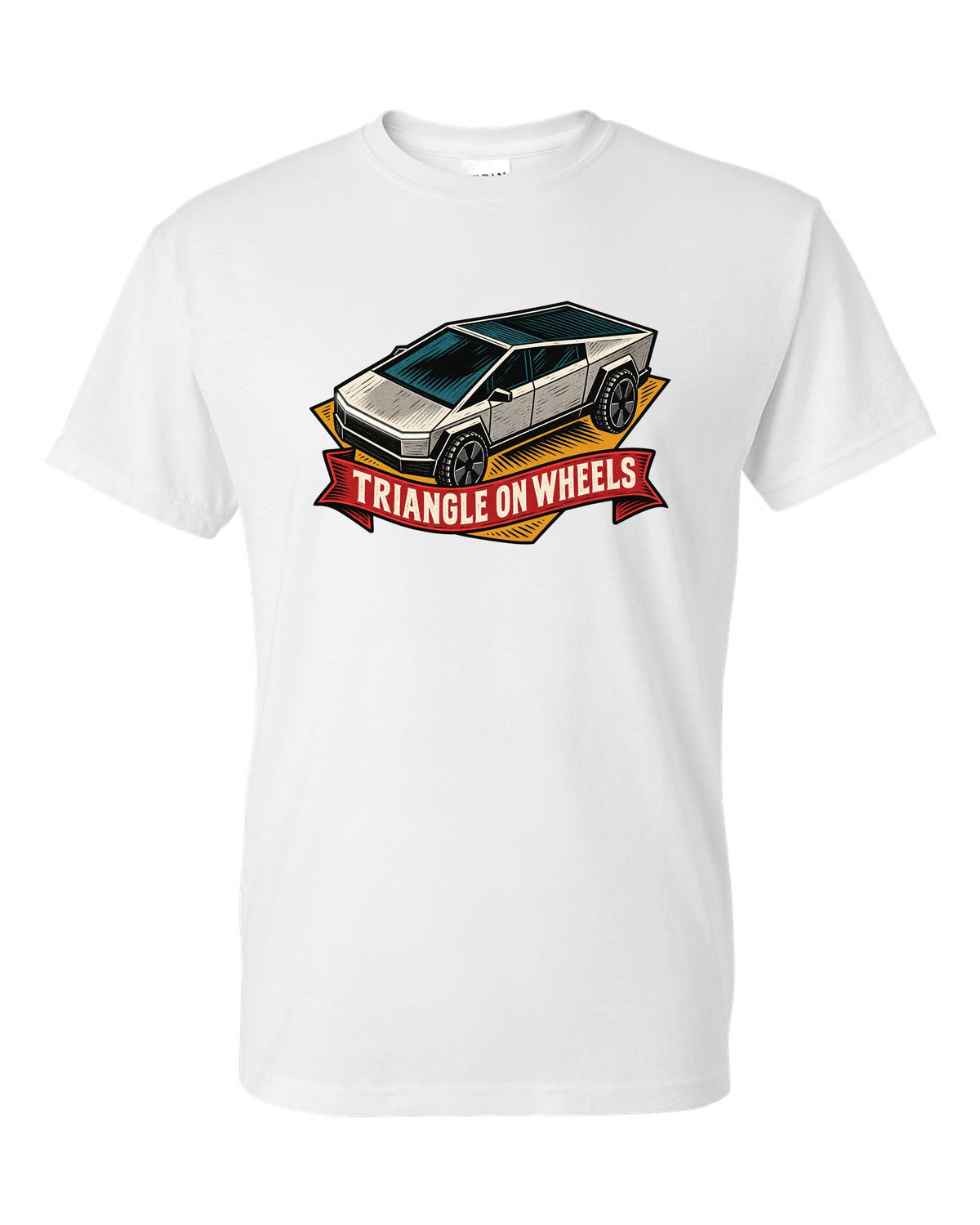 Bold linocut woodblock print of a 2023 Tesla Cybertruck with the words Triangle on Wheels white t-shirt front view with the design