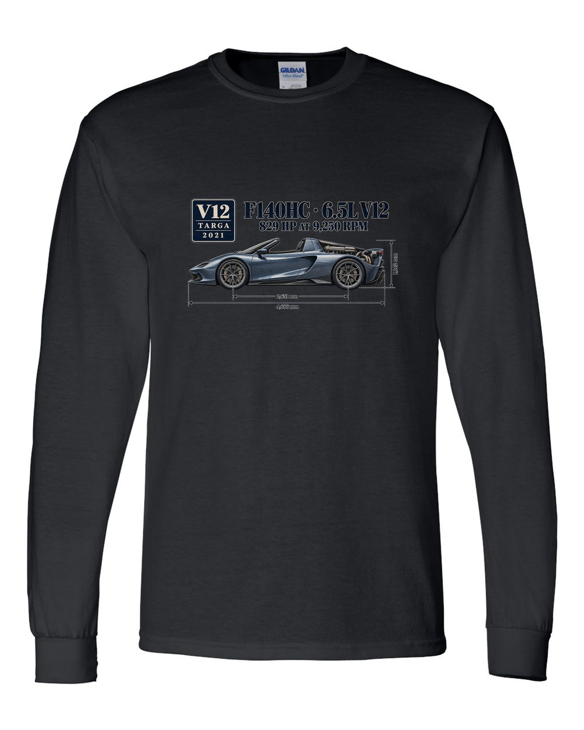 Ferrari Daytona SP3 dimension blueprint print with F140HC 6.5L V12 black long sleeve front view with the design