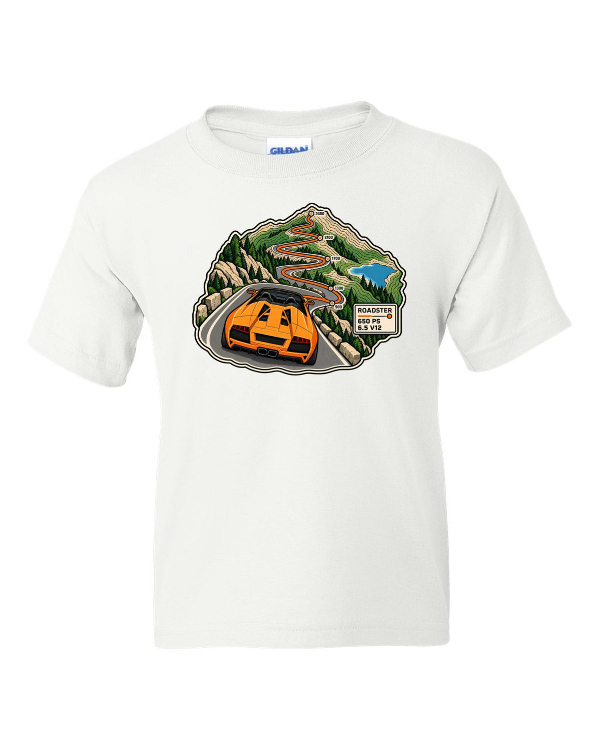 Topographic route map of a 2010 Lamborghini Murcielago LP650-4 Roadster with 650 PS and 6.5 V12 white kids tee front view with the design