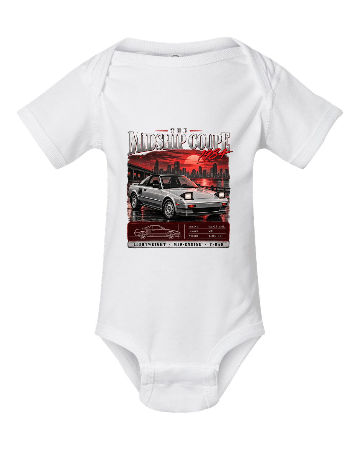 Archive panel print of a Toyota MR2 AW11 with the text The Midship Coupe 1984 white baby onesie front view with the design