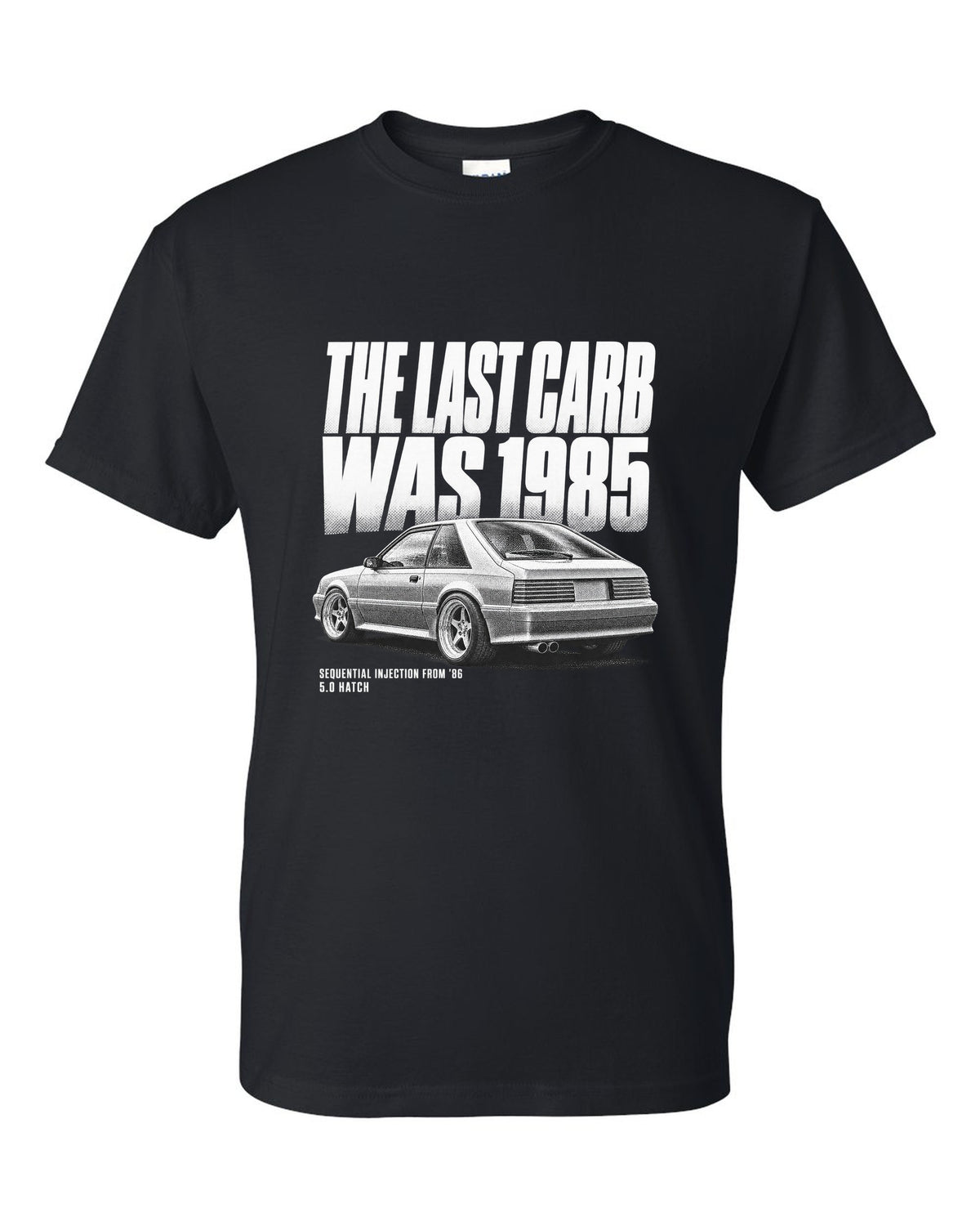 Halftone print of a 1986-89 Ford Mustang Fox Body GT chback black t-shirt front view with the design