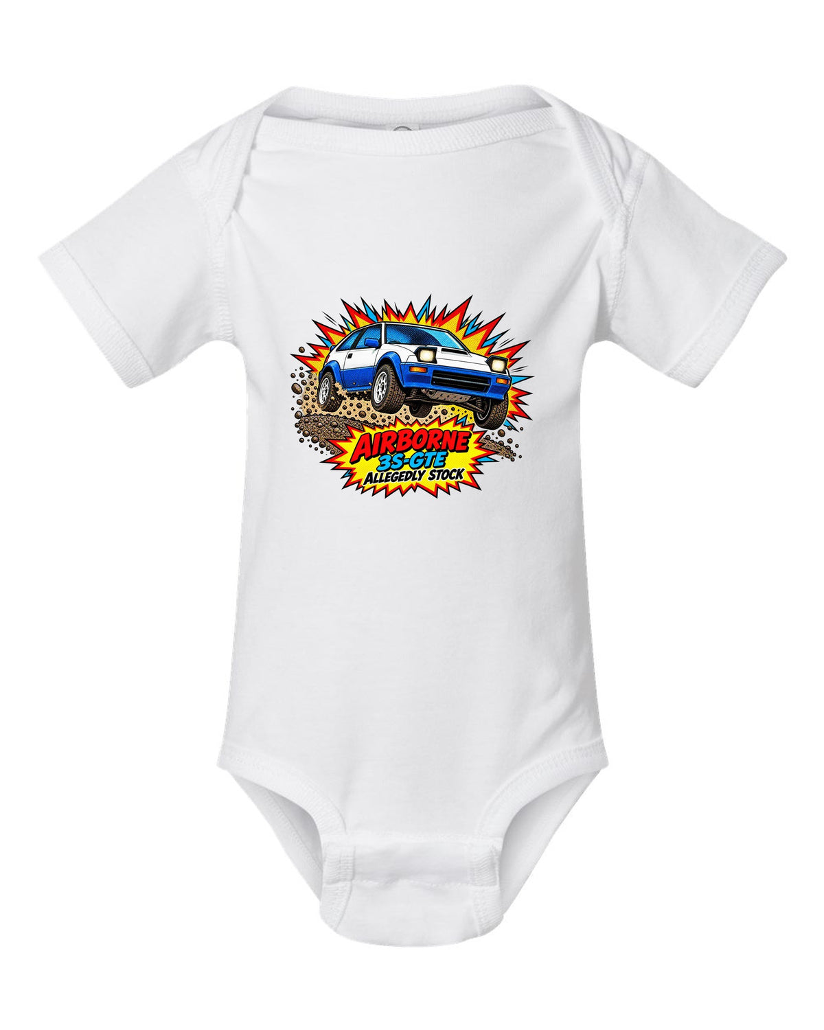Comic halftone pop art of a Toyota Celica GT-Four ST165 jumping on gravel white baby onesie front view with the design