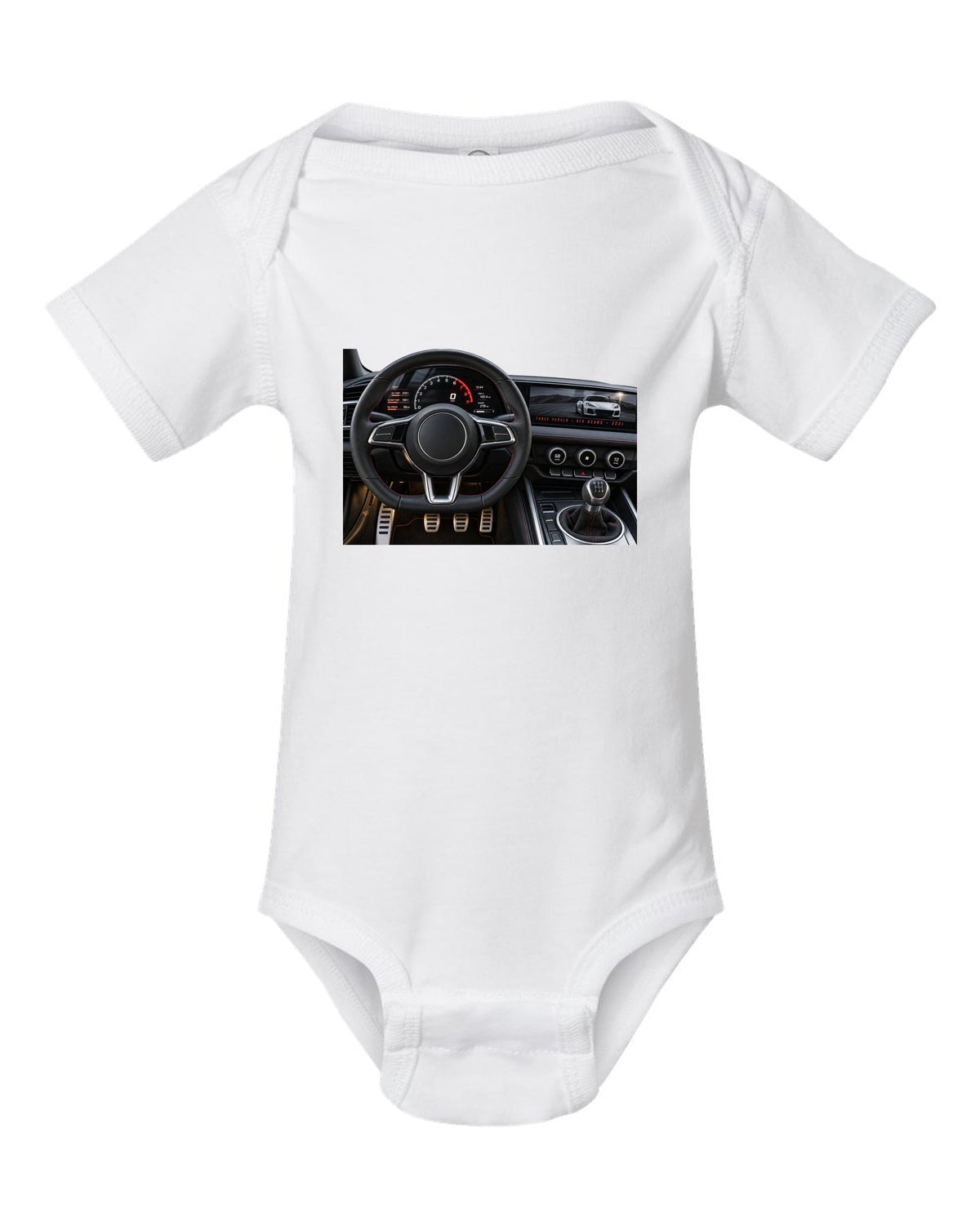 BMW G80 M3 cockpit gauge print with three pedals six gears lettering white baby onesie front view with the design