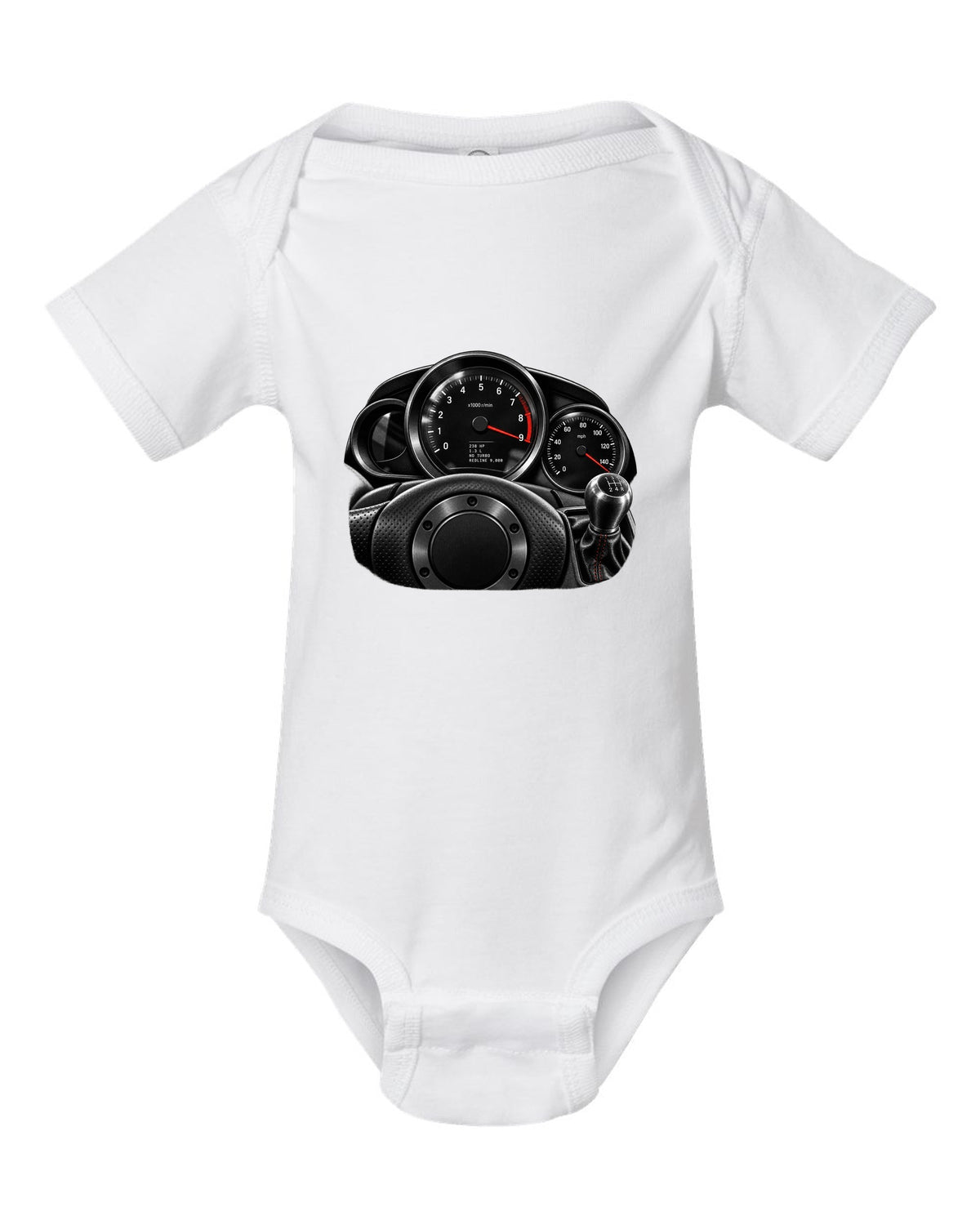 Gauge cluster print of a Mazda RX-8 SE3P with 9,000 redline lettering white baby onesie front view with the design