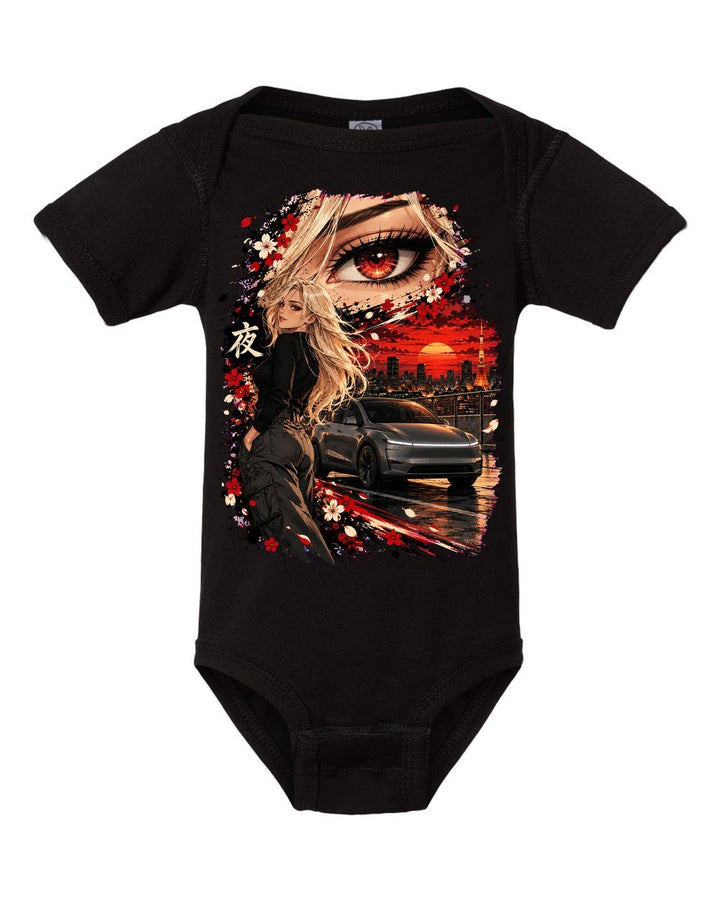 Tesla Model Y Juniper Anime Girl Baby Onesie Black front