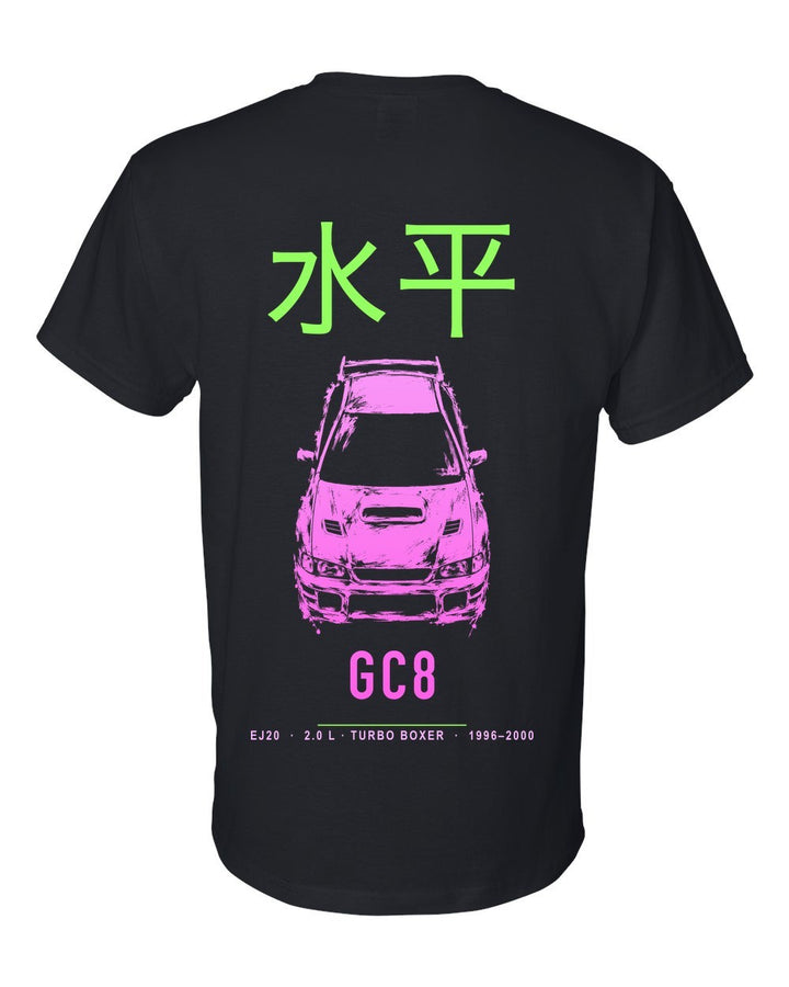 GC8 full-back artwork black t-shirt back view with the design