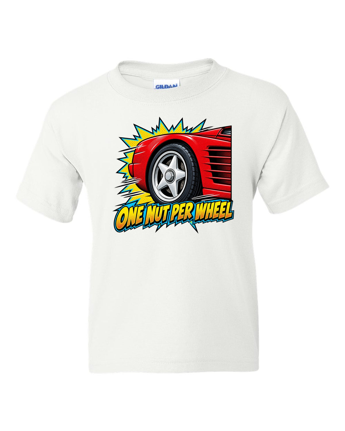 Comic halftone pop art of a Ferrari Testarossa five-star wheel white kids tee front view with the design