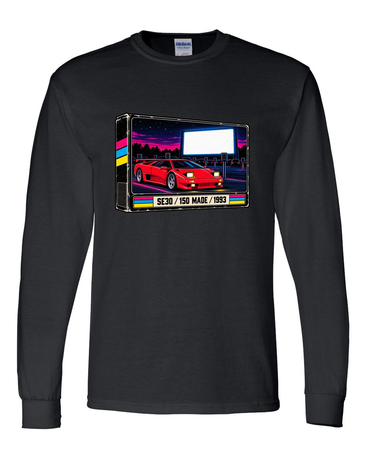 VHS cassette packaging style print of a 1993 Lamborghini Diablo SE30 with 150 made lettering black long sleeve front view with the design
