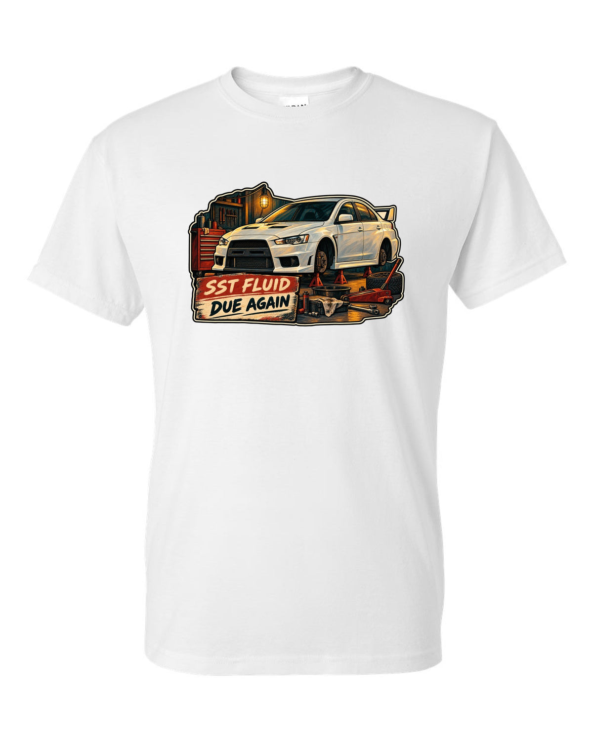 Gouache garage illustration print of the Mitsubishi Evo X CZ4A with SST fluid due again text white t-shirt front view with the design