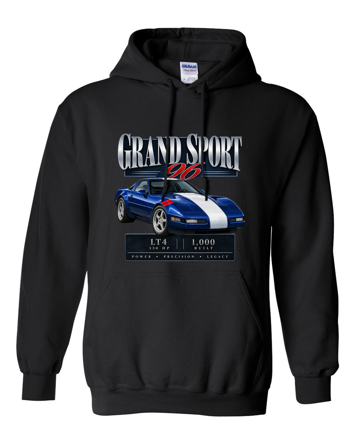 Chevrolet Corvette C4 Grand Sport 1996 archive panel print black pull over hoodie front view with the design