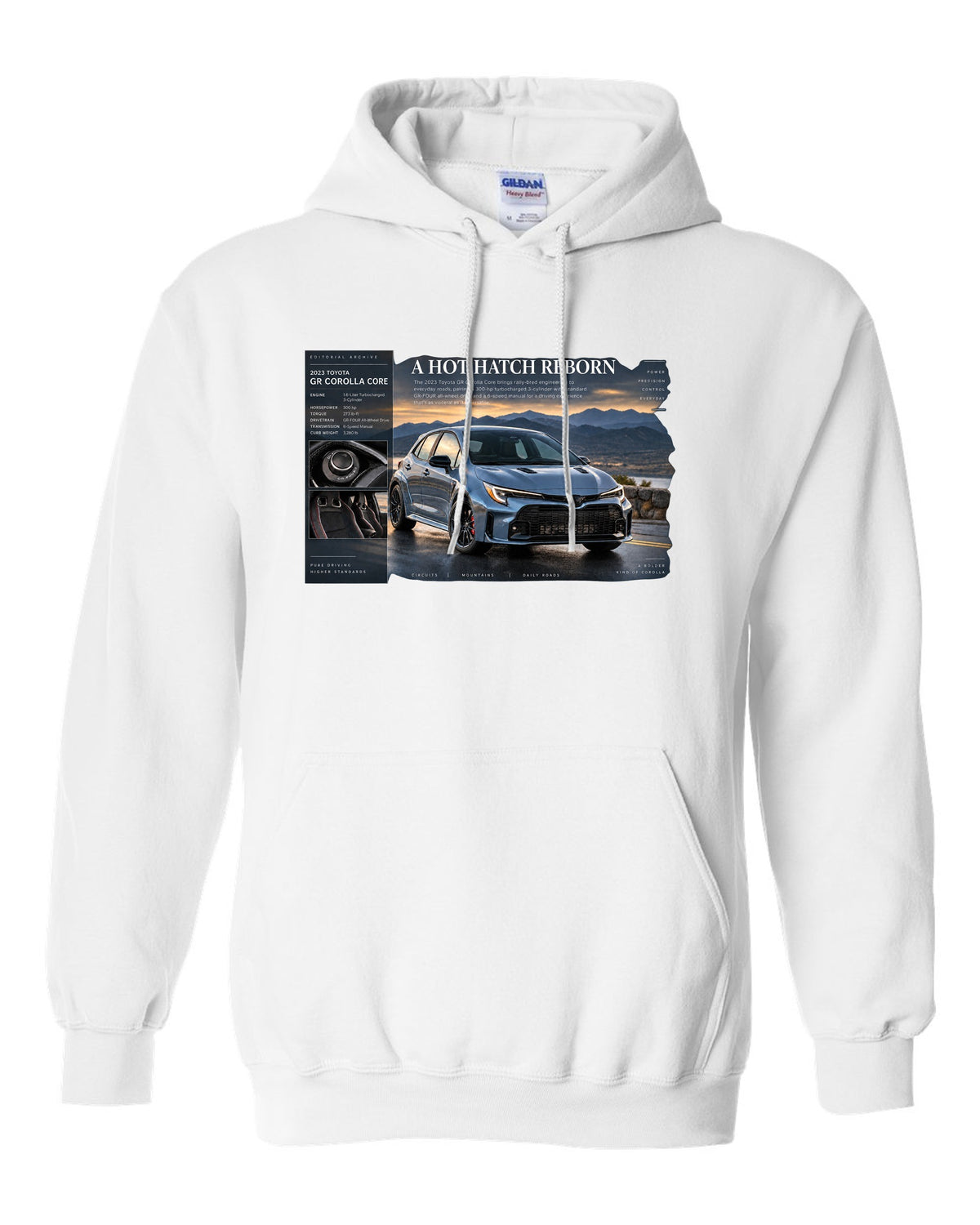 Toyota GR Corolla Core 2023 front three-quarter archive panel white pull over hoodie front view with the design