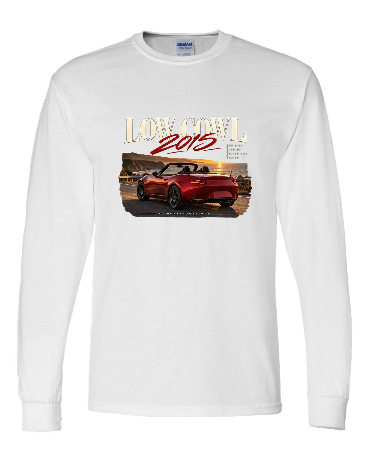 Editorial headline print of a red Mazda MX-5 ND roadster with low cowl text white long sleeve front view with the design