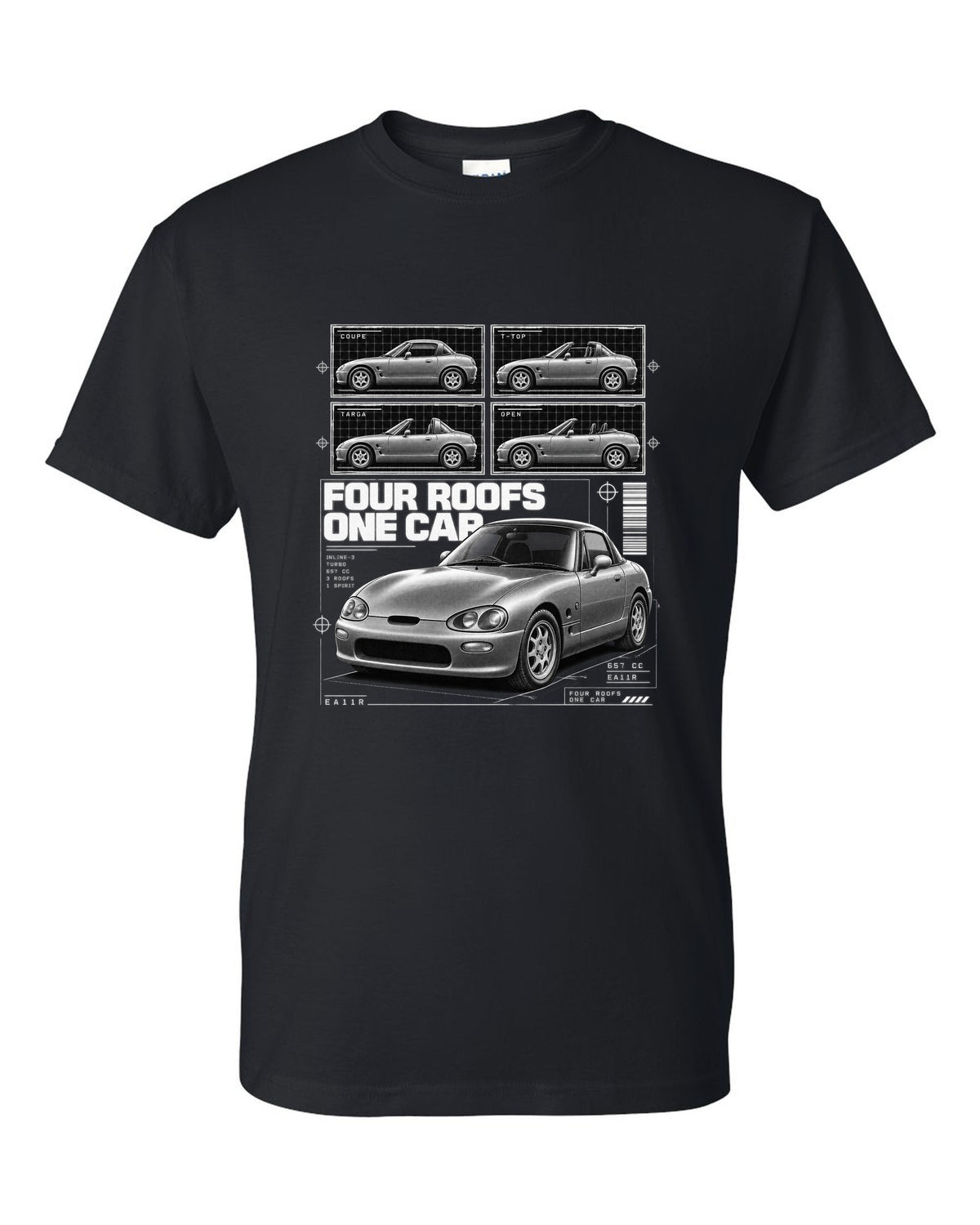 Dossier panel print of a Suzuki Cappuccino EA11R kei roadster black t-shirt front view with the design