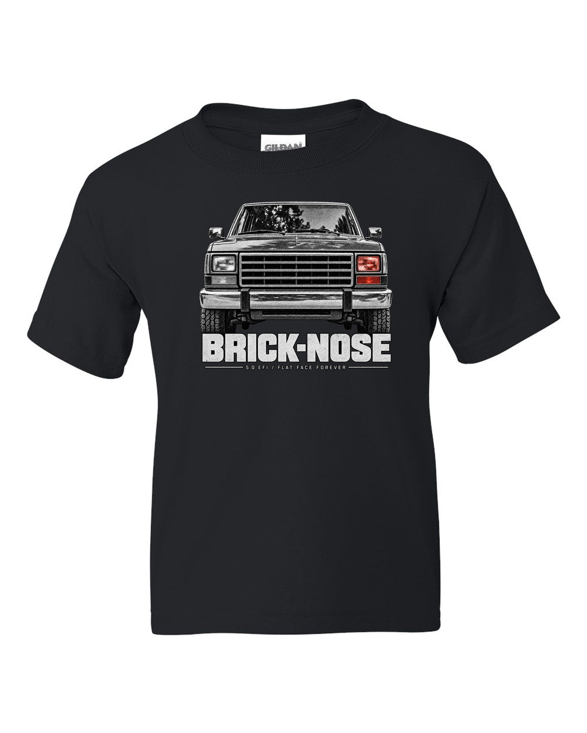 Ford Bronco Brick-Nose 1987-91 taillight macro print with 5.0 EFI text black kids tee front view with the design