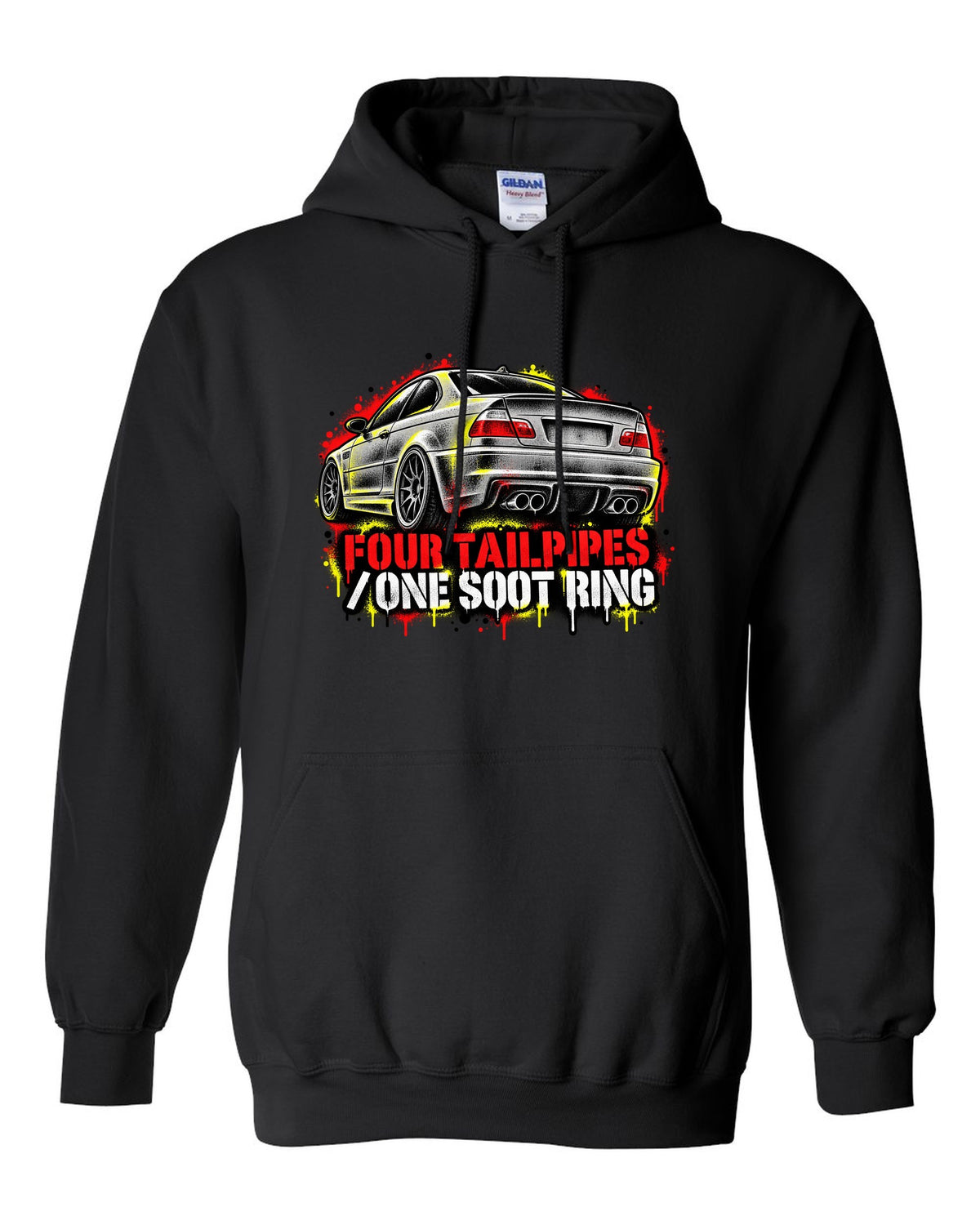 Stencil spray street art of four tailpipes on a BMW E46 M3 coupe with soot ring text black pull over hoodie front view with the design