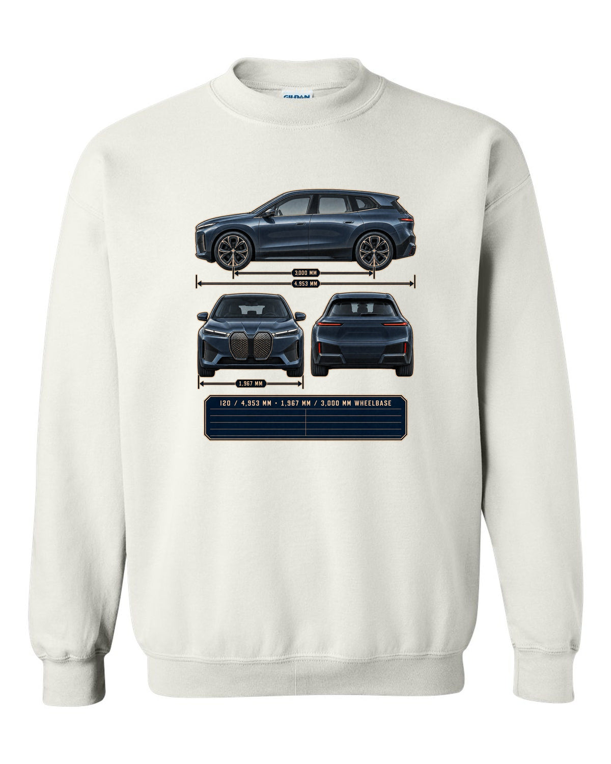 Three-view drawing and spec table print of the BMW iX M60 I20 white crewneck front view with the design