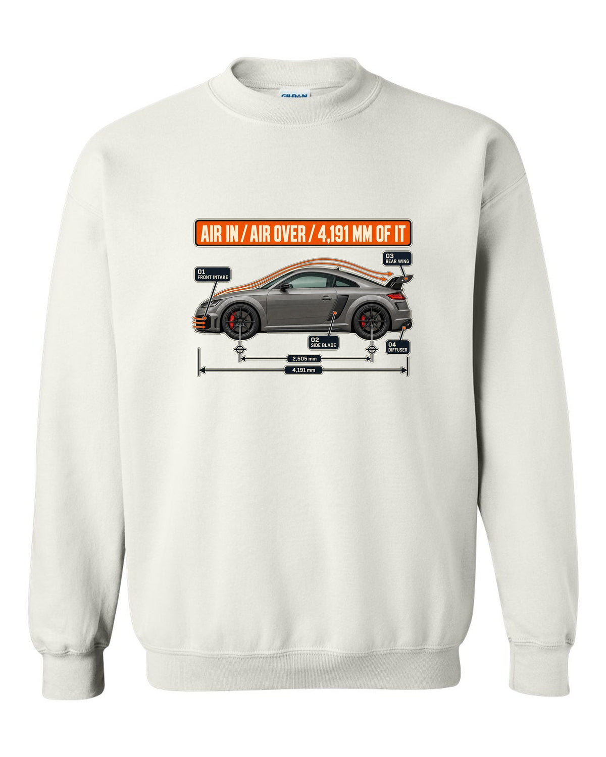 Audi TT RS facelift aero cutaway diagram with airflow callouts print white crewneck front view with the design