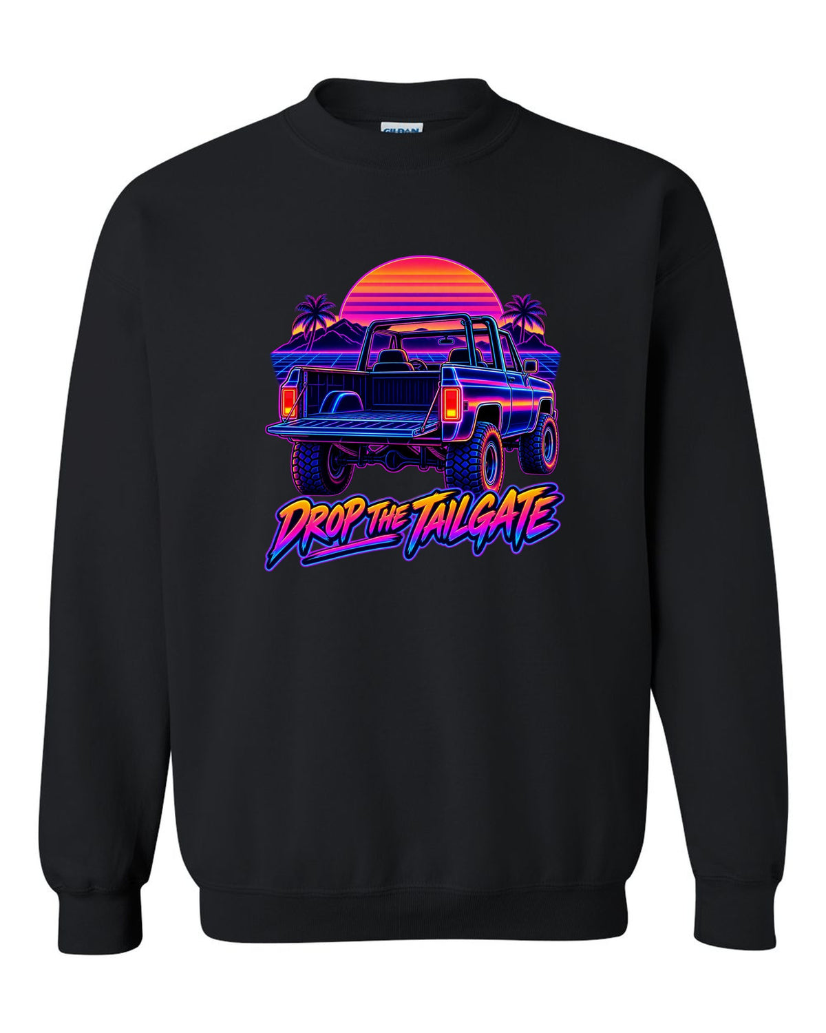 Neon synthwave line art of a 1973-1991 Chevrolet K5 Blazer tailgate with DROP THE TAILGATE text black crewneck front view with the design