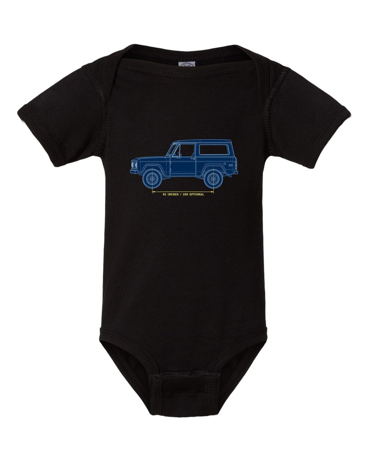 Patent-sheet blueprint drawing of a 1966-77 Ford Bronco U15 wagon with 92 INCHES and 289 OPTIONAL notes black baby onesie front view with the design
