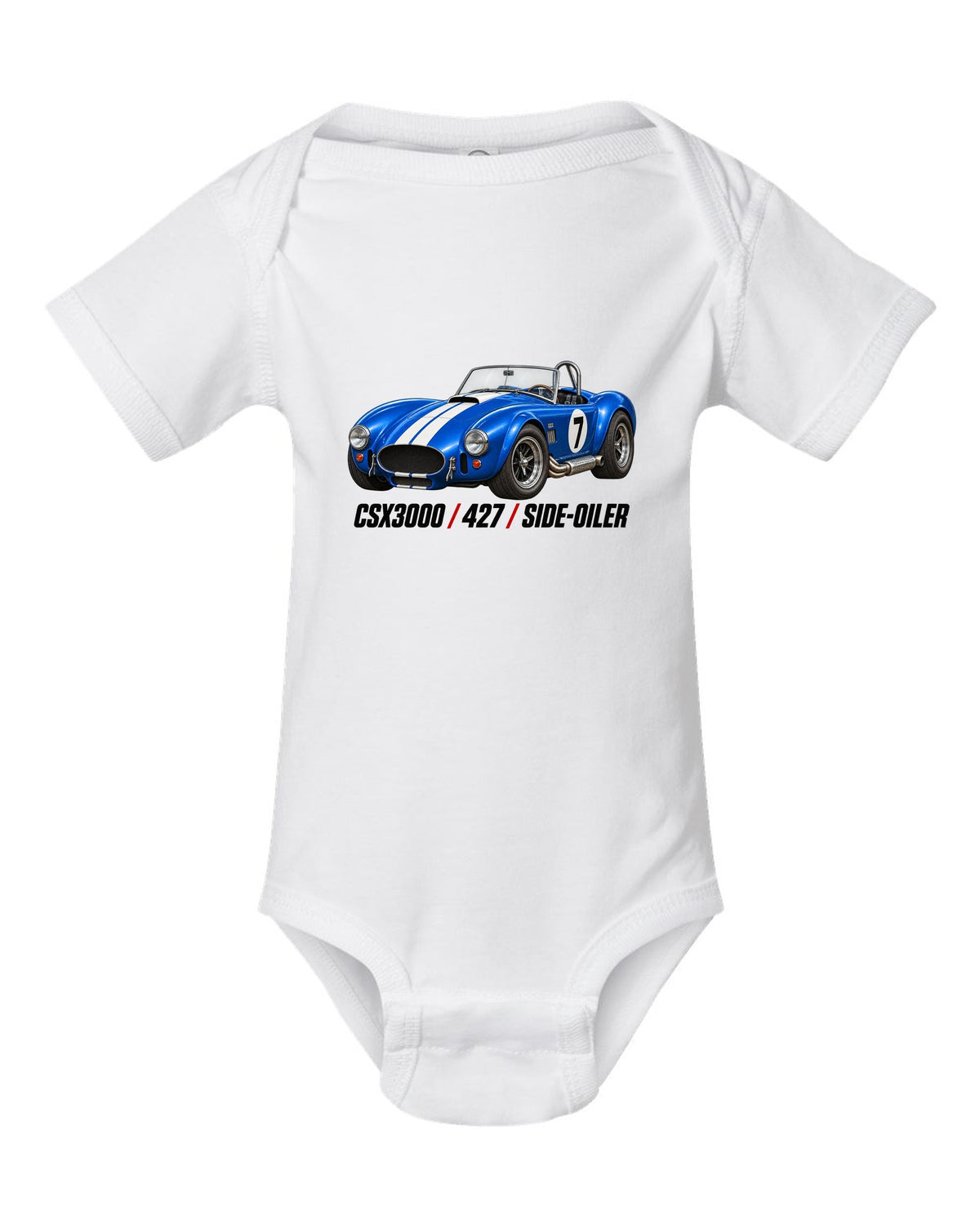 Shelby Cobra 427 CSX3000 Side-Oiler Racing Roundel white baby onesie front view with the design