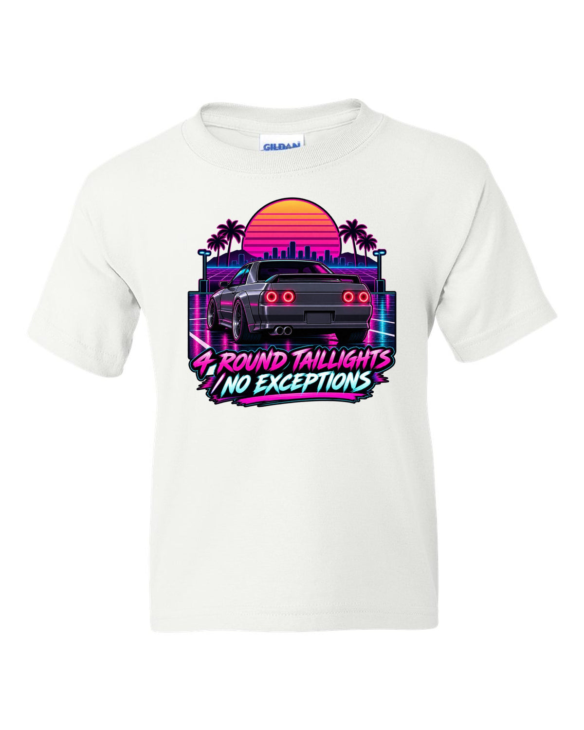 Neon synthwave print of a Nissan Skyline GT-R R32 BNR32 rear with four round taillights white kids tee front view with the design