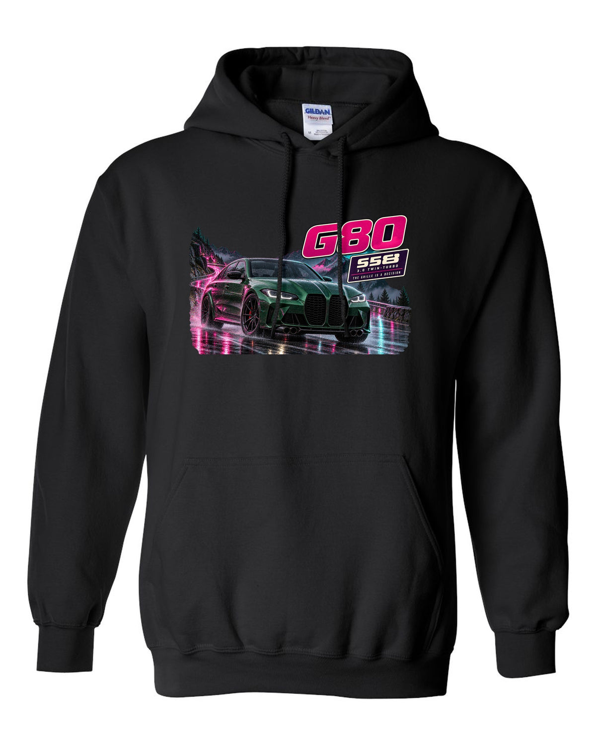 Touge night street print of an Isle of Man green BMW M3 Competition G80 black pull over hoodie front view with the design