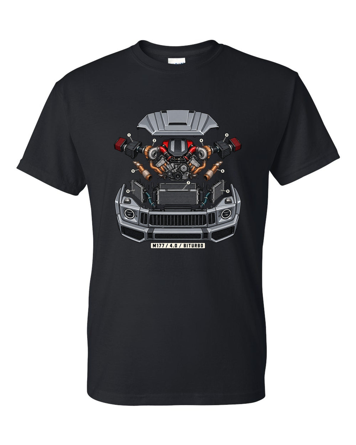 Isometric exploded engine cutaway graphic reading M177 4.0 Biturbo for the Mercedes G63 W464, print black t-shirt front view with the design