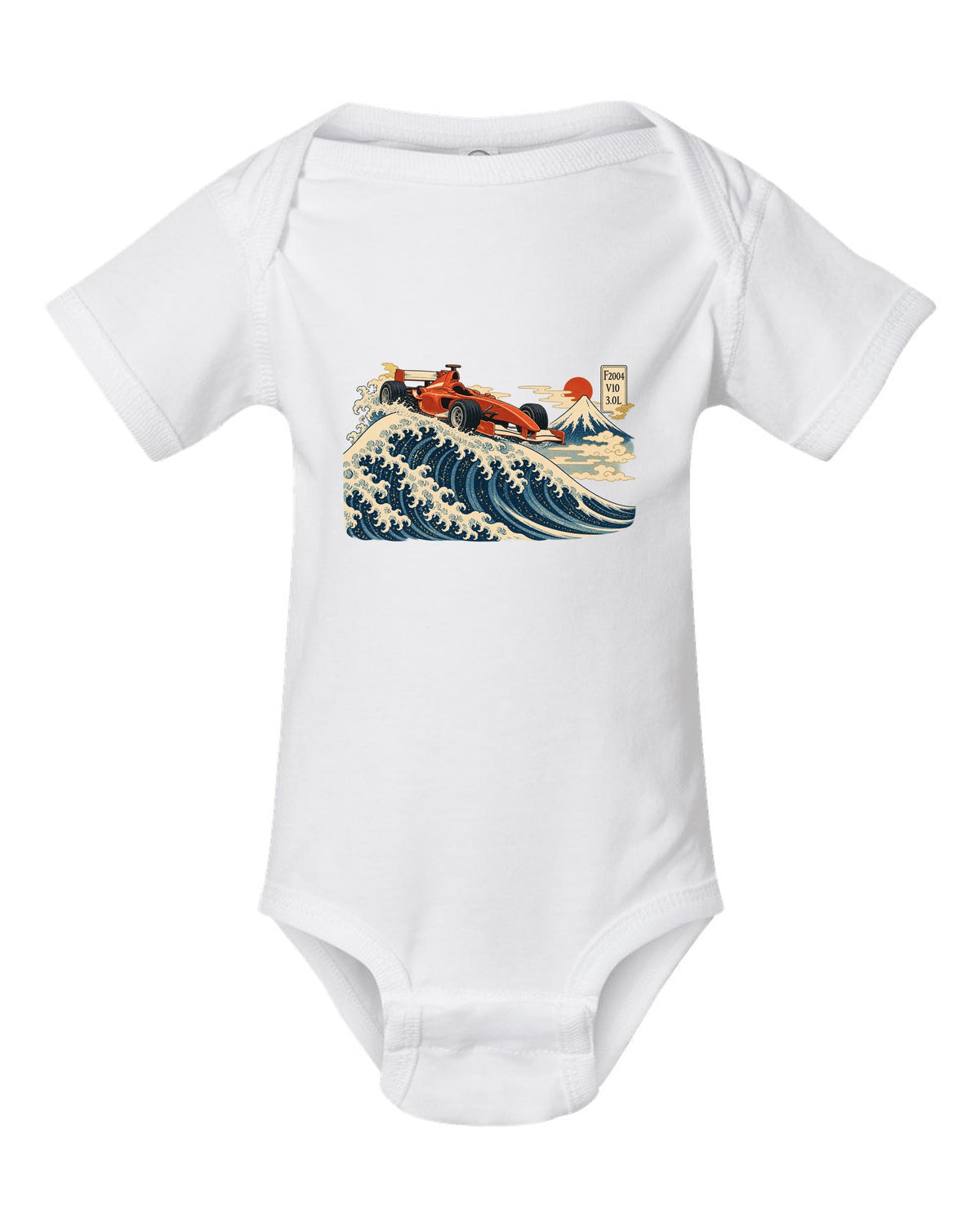 Woodblock print style Ferrari F2004 Formula 1 car in front of a wave with V10 lettering white baby onesie front view with the design