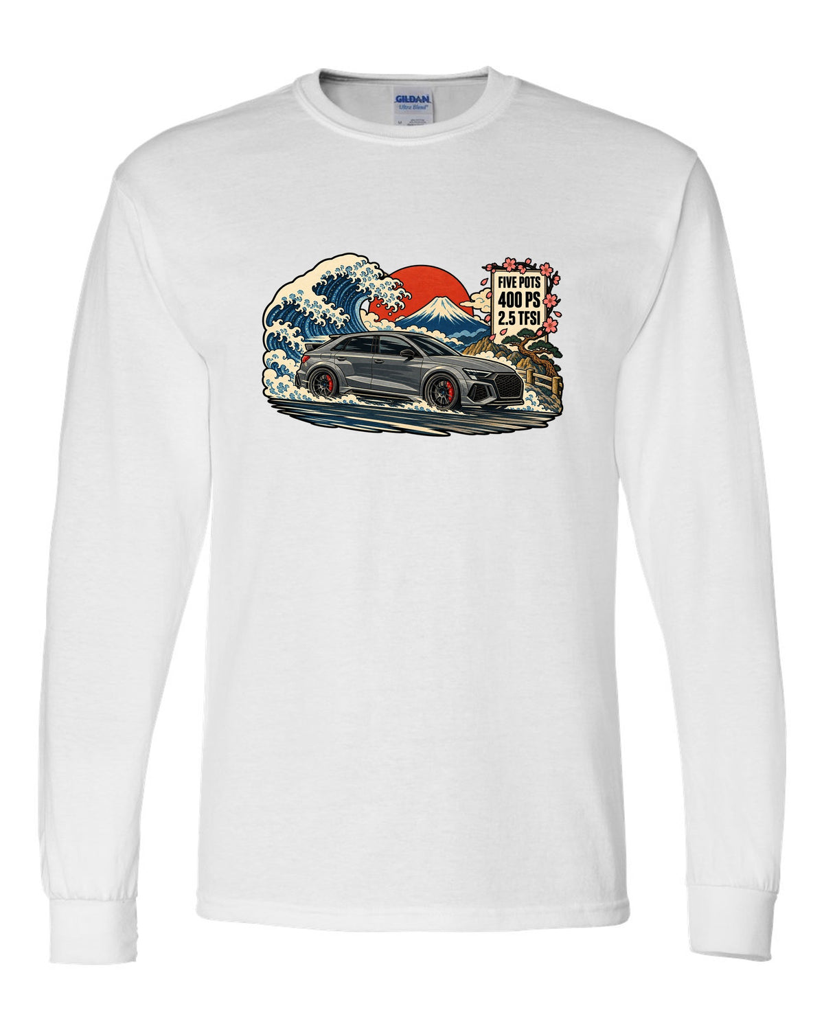 Ukiyo-e woodblock style print of an Audi RS3 8Y with a mountain and 2.5 TFSI text white long sleeve front view with the design