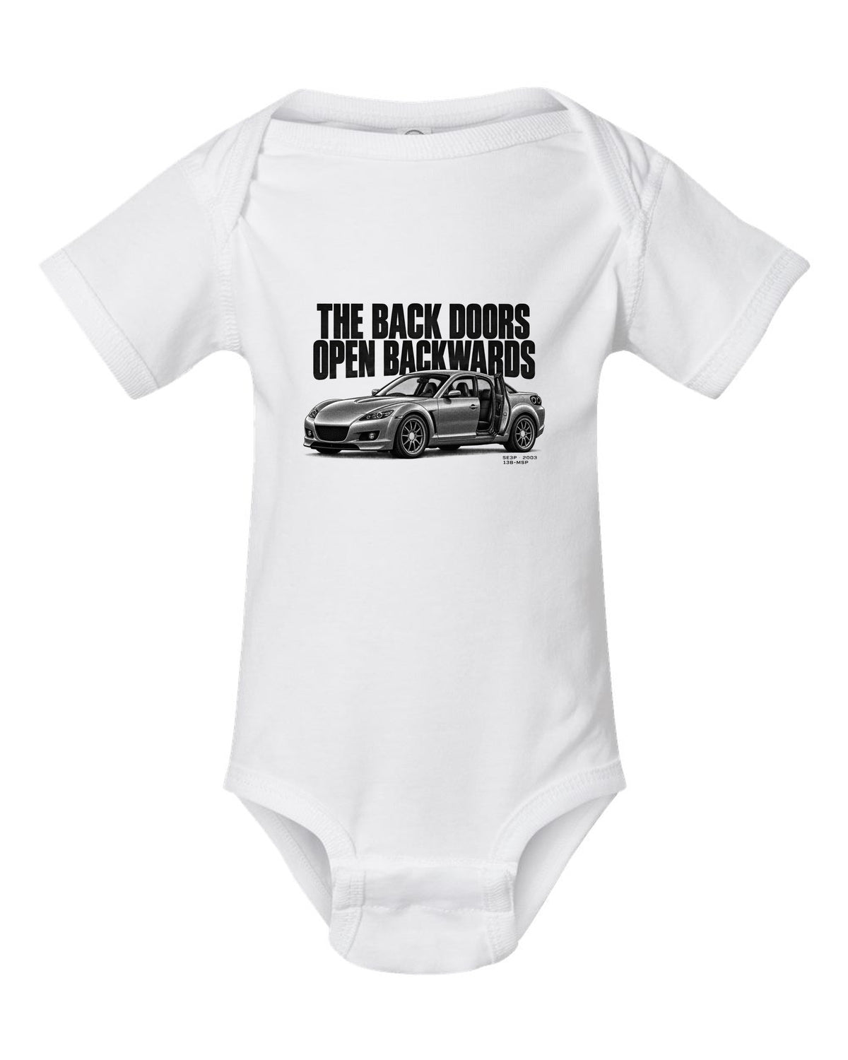 Halftone print of a Mazda RX-8 SE3P with back doors lettering white baby onesie front view with the design