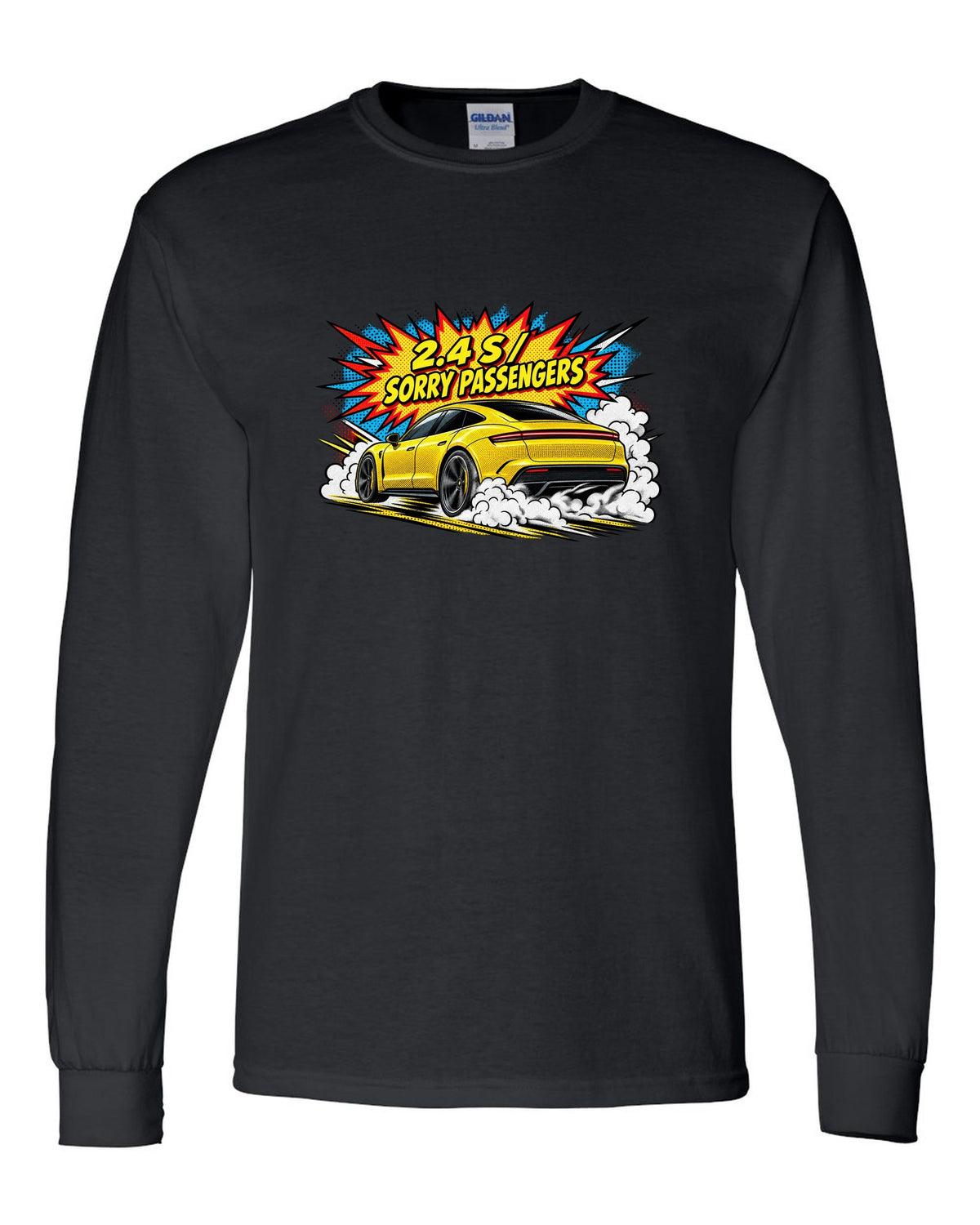 Porsche Taycan Turbo S 9J1 comic halftone pop-art launch print with the text 2.4 s sorry passengers black long sleeve front view with the design