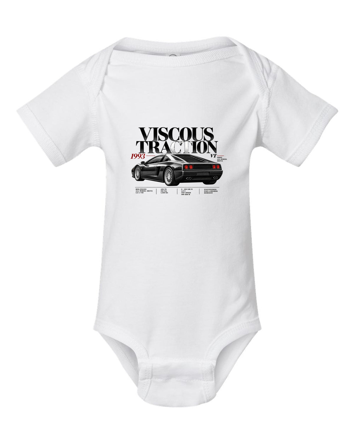 Editorial print of a Lamborghini Diablo VT with viscous traction and first all-wheel drive text white baby onesie front view with the design