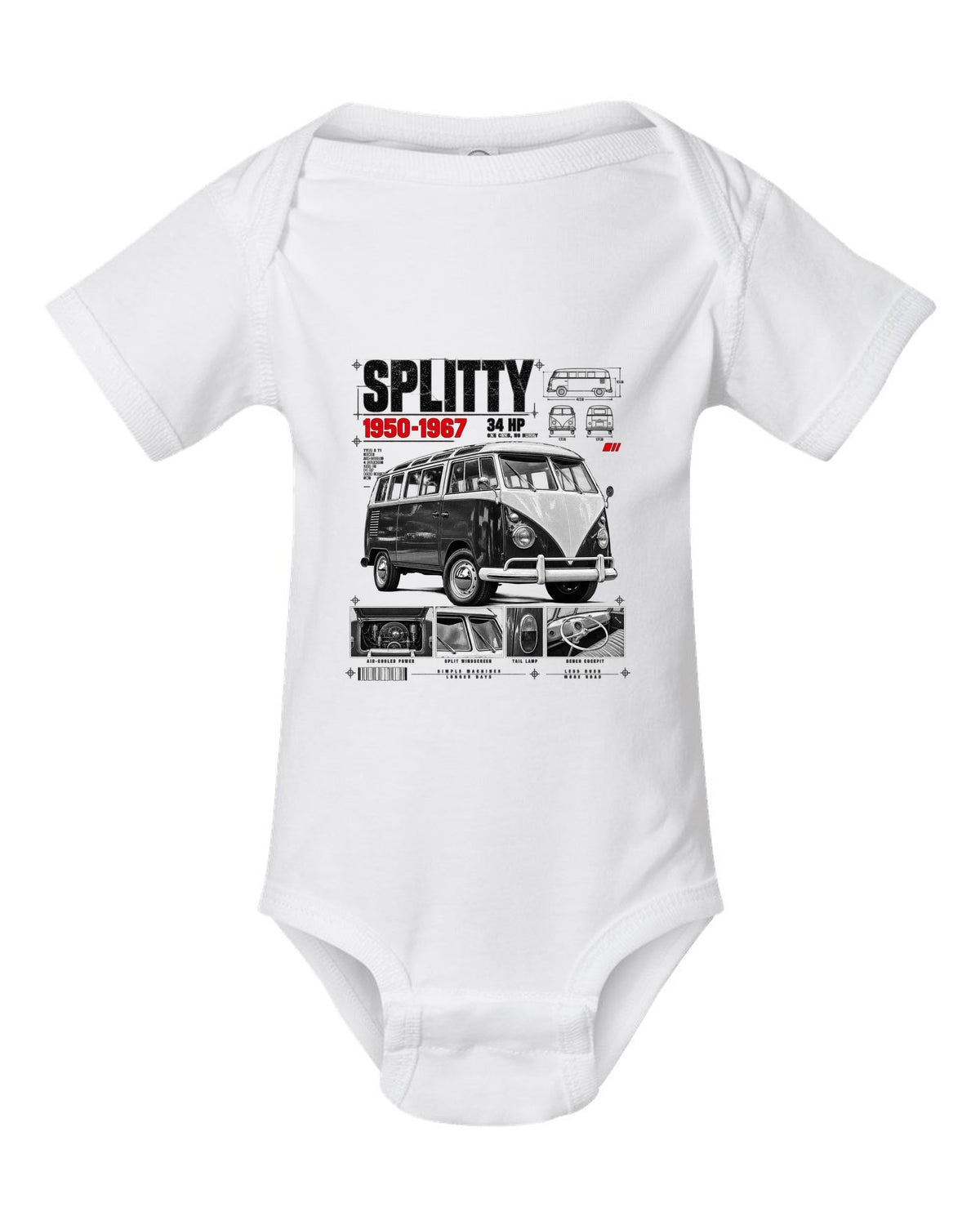 Dossier panel print of a 1962 VW T1 split-window Kombi with spec text white baby onesie front view with the design