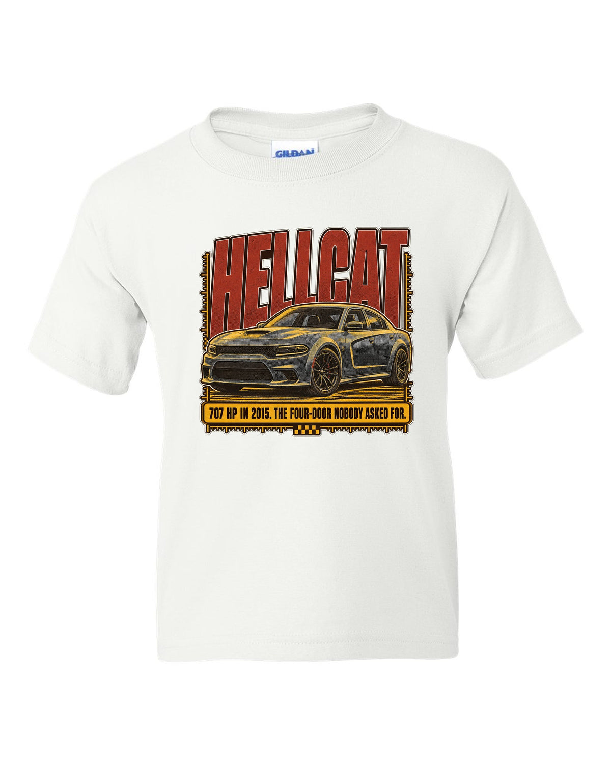 Dodge Charger SRT Hellcat halftone statement print reading 707 HP in 2015 white kids tee front view with the design