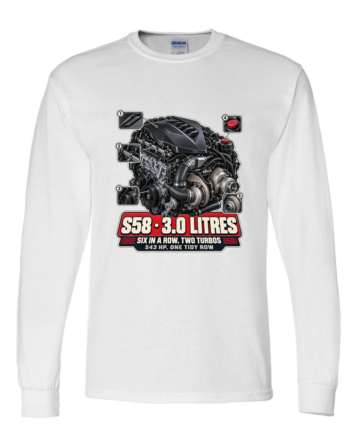 BMW M4 CSL G82 S58 engine bay hero print white long sleeve front view with the design
