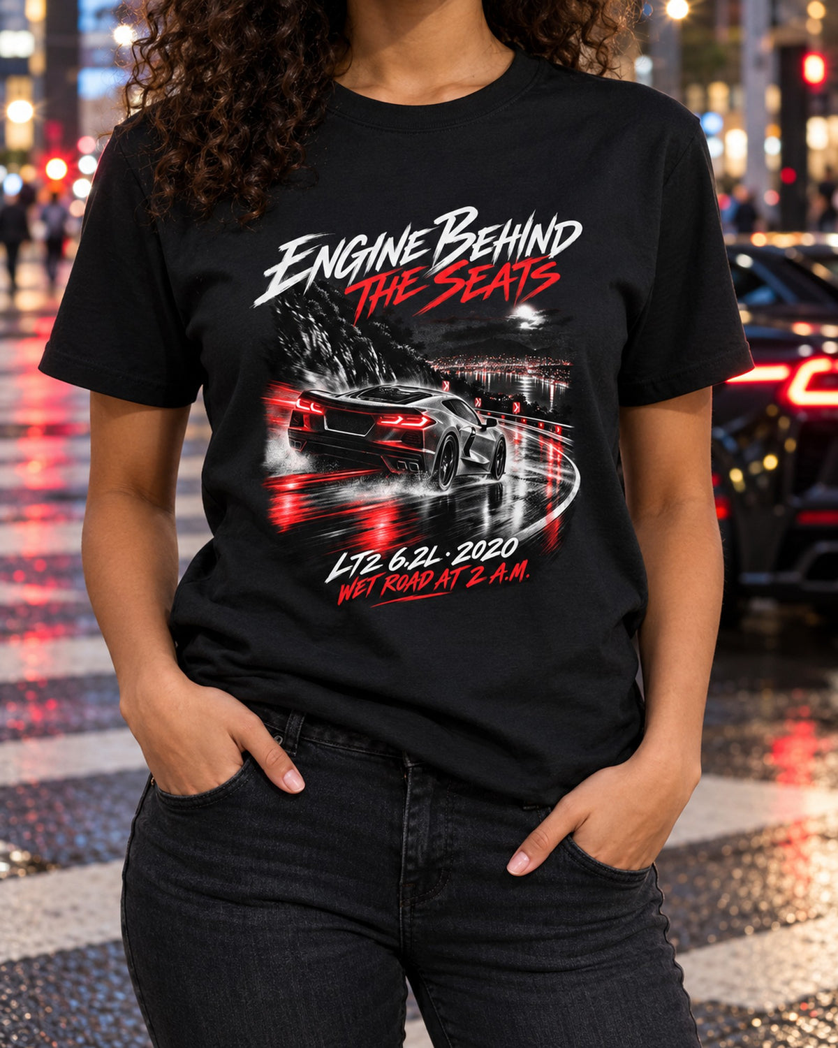 Corvette C8 Stingray Mid-Engine Night Drive Wet Road Shirt T-Shirt Black worn hero