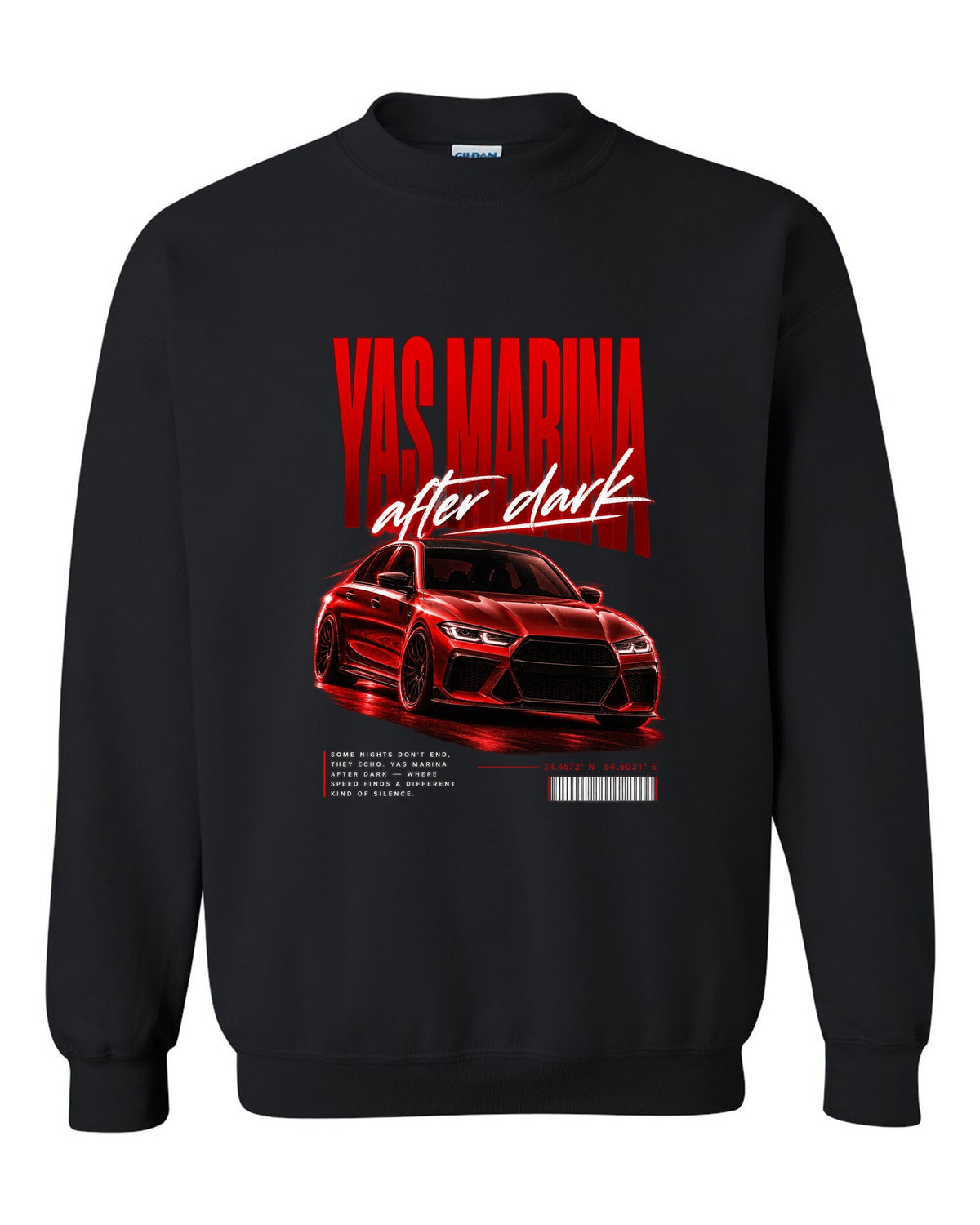 BMW F80 M3 sedan night street poster print with Yas Marina lettering black crewneck front view with the design