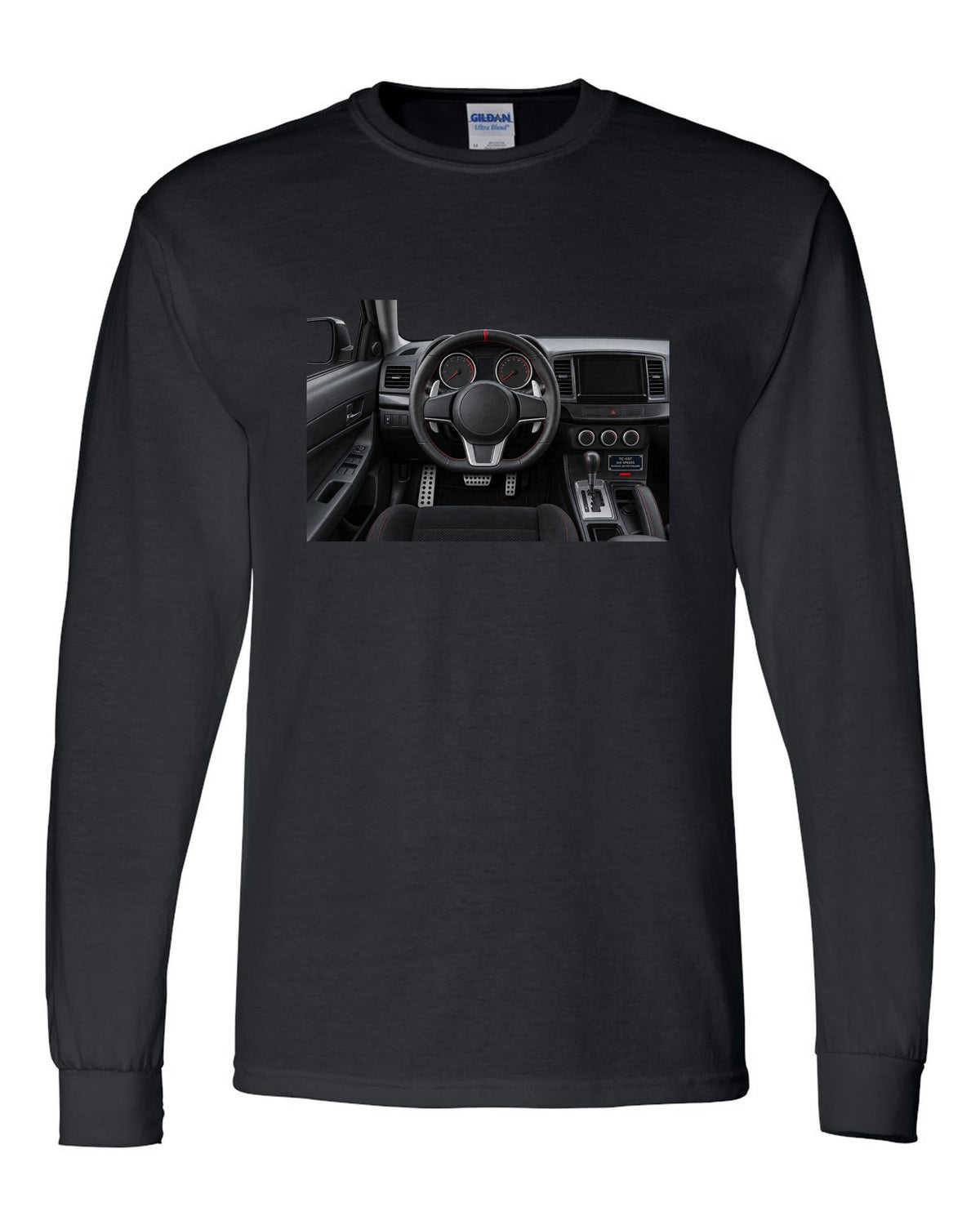 Mitsubishi Lancer Evolution X driver view cockpit and gauges print black long sleeve front view with the design
