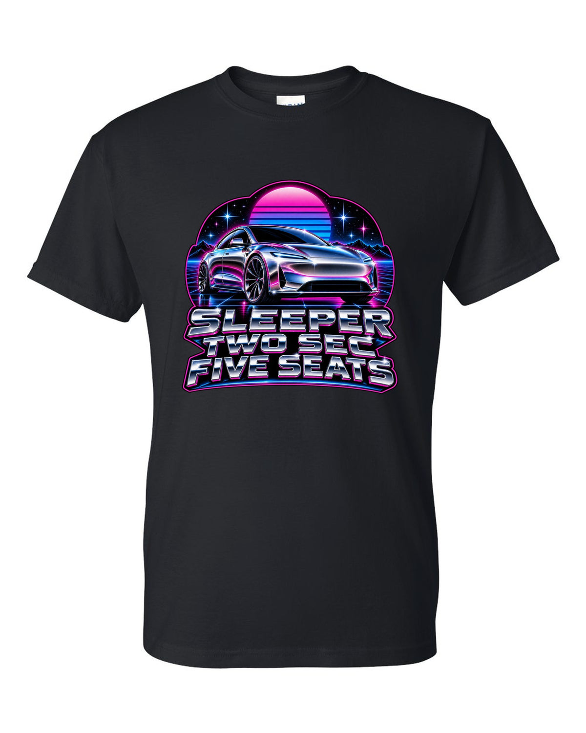 80s chrome airbrush art of a 2021 Tesla Model S Plaid with the words Sleeper Two Sec Five Seats black t-shirt front view with the design