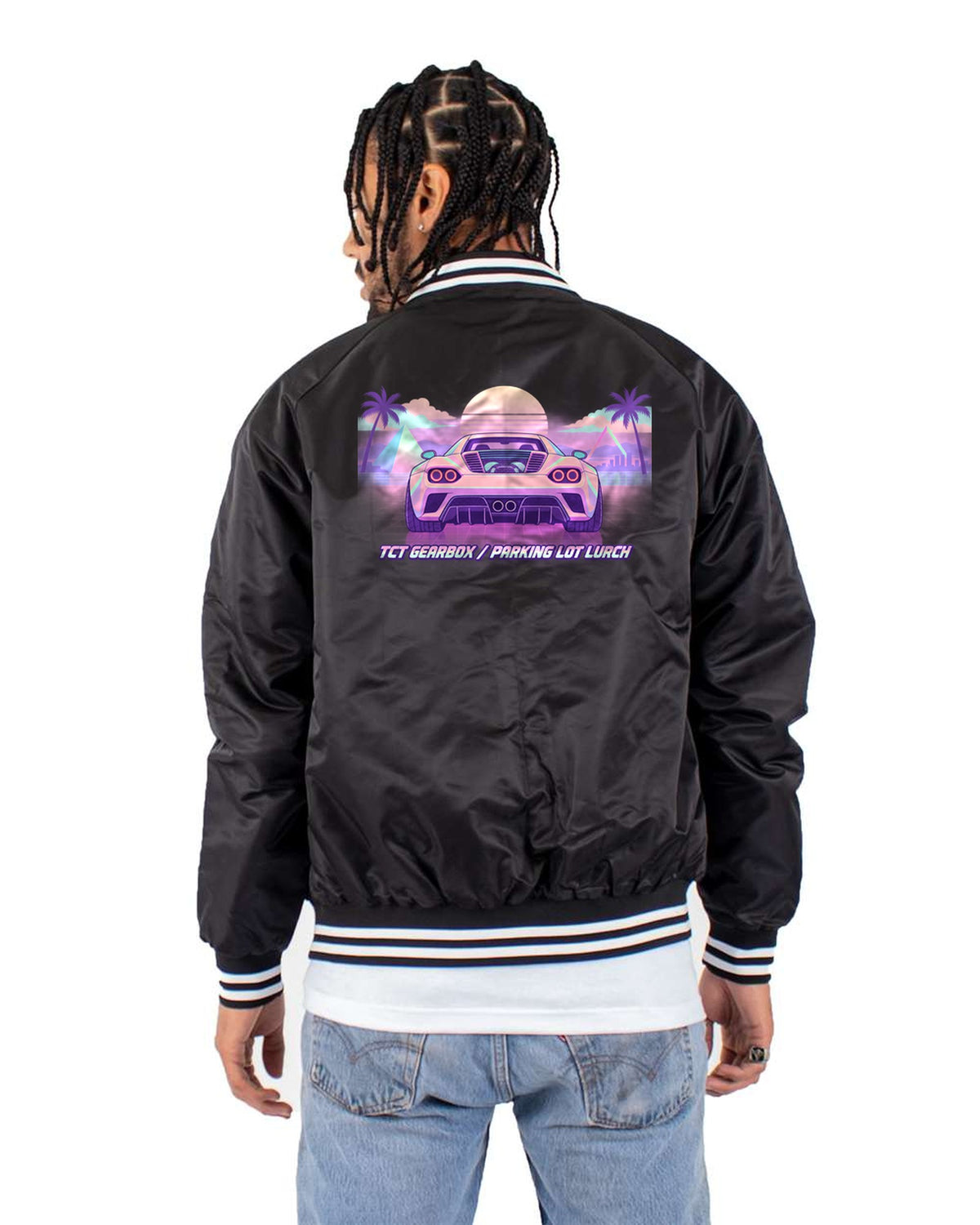 Alfa Romeo 4C Vaporwave Pastel Tee, TCT Parking Lot Lurch Bomber Jacket Black back
