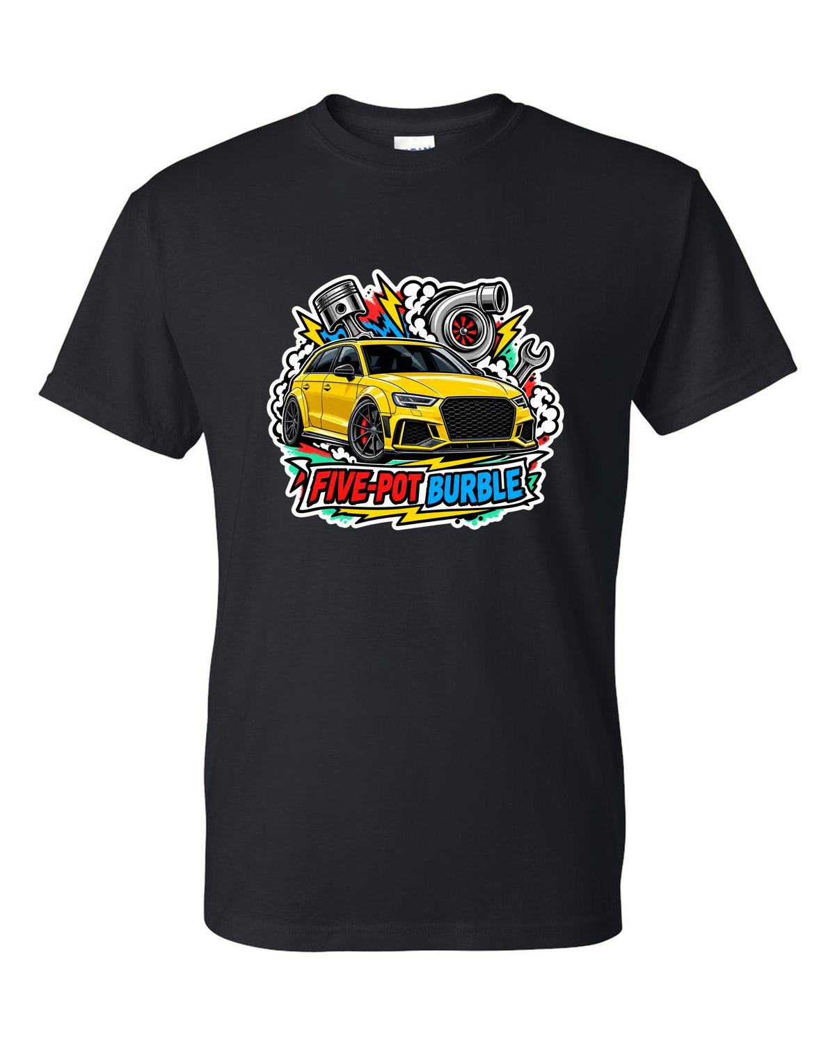 Sticker bomb collage print of an Audi RS3 8V with five-pot burble text black t-shirt front view with the design