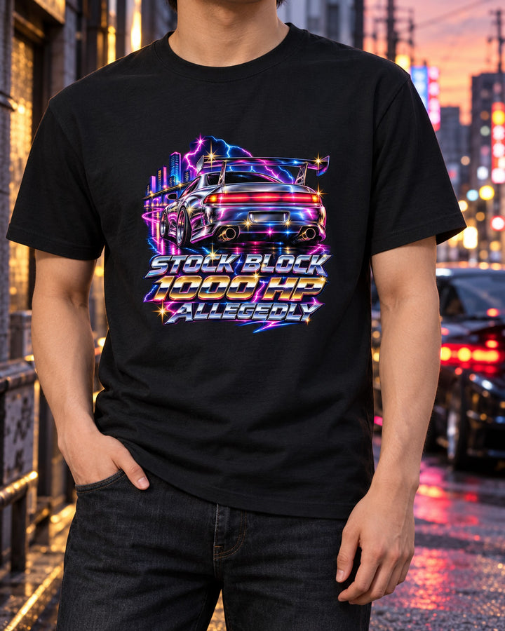 Toyota Supra JZA80 Airbrush Chrome Shirt, Stock Block Joke T-Shirt Black worn hero