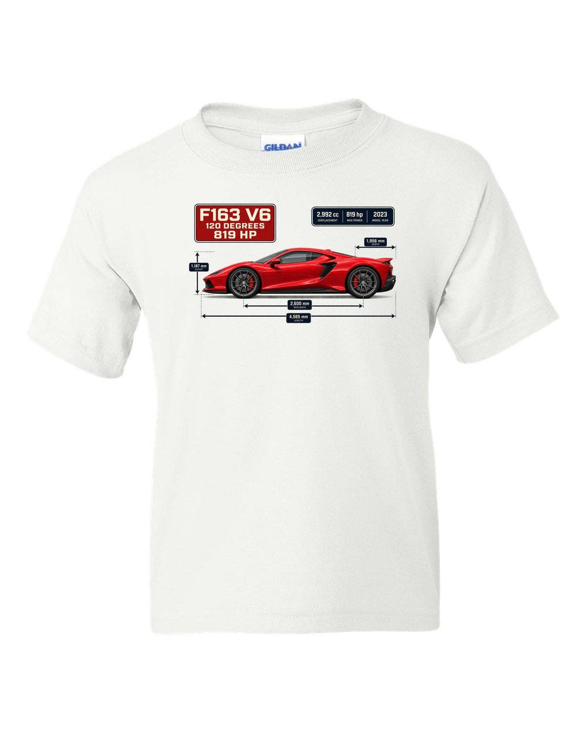 Blueprint style print of a signal red Ferrari 296 GTB with dimension lines white kids tee front view with the design
