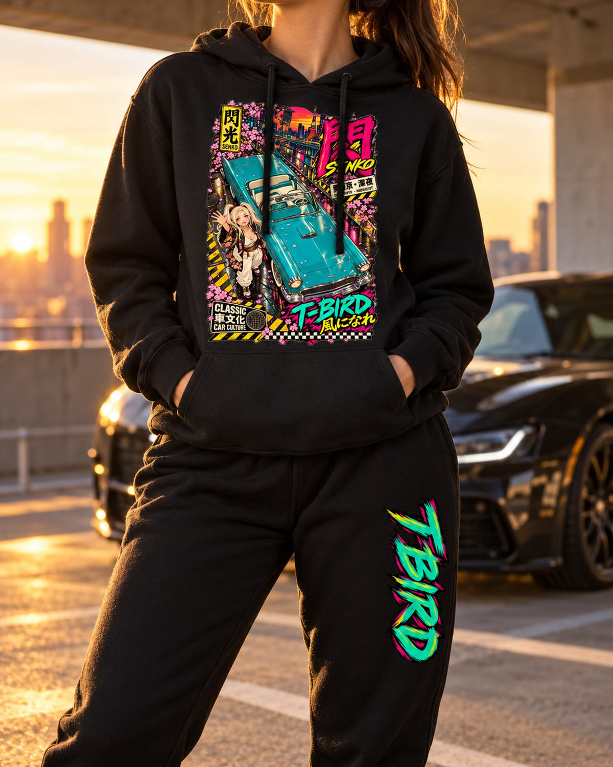 Tbird Senko Anime Girl Poster Hoodie + Jogger Set Black worn hero